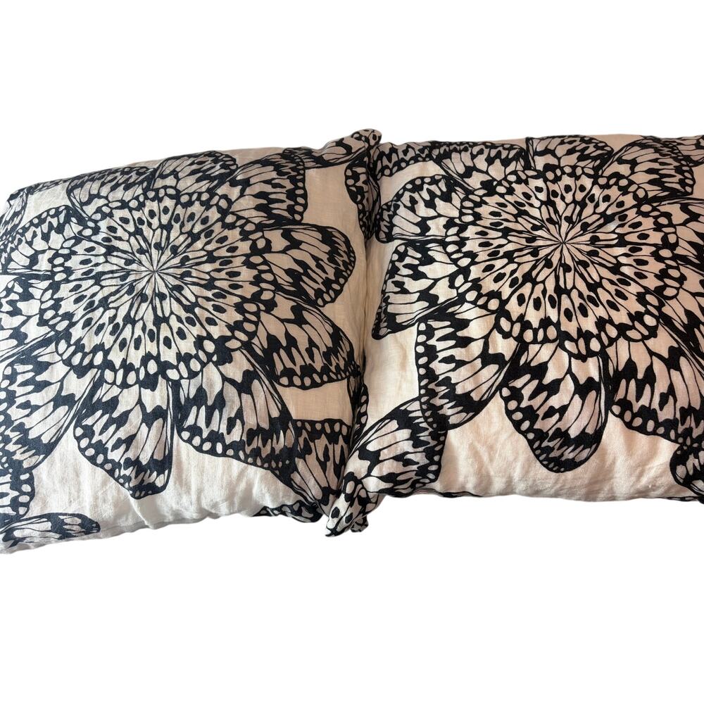 CB2 Butterfly Wheel Linen Throw Pillows Set of 2 Black White 20X20 Feather Decor